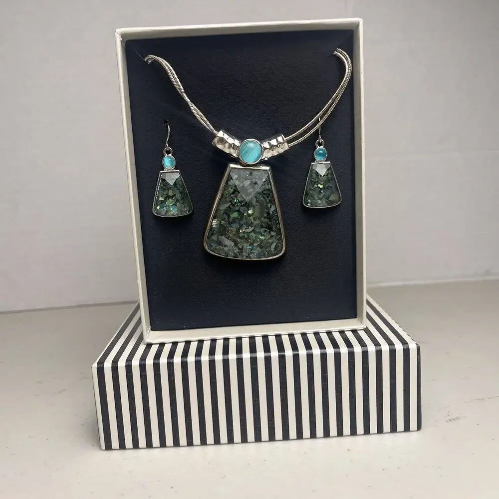Faux Abalone Mosaic Turquoise Necklace Earring Set Silver Tone Western Costume